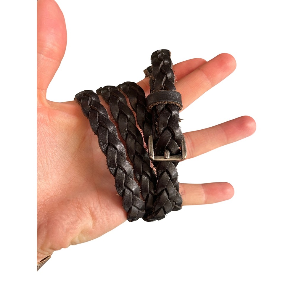 Woven Brown Braided Leather Skinny Belt Silver Buckle Size L Espresso BDG